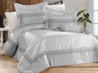 Çeyiz Diyarı - Spring Bedding Set 4 Pcs, Bedspread 270x260, Pillow Candy 35x50, Double Size, Velvet, Chenille, Wedding, Grey