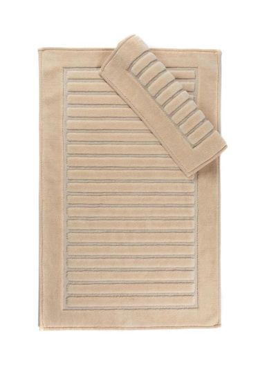 Strip Bath Mat Set 2 pcs, 60 x 100, 50 x 60, %100 Cotton Fabric Beige