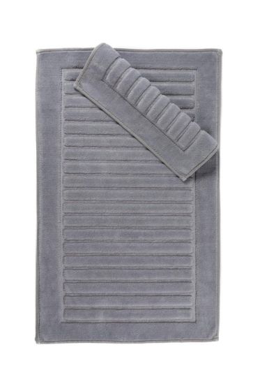 Strip Bath Mat Set 2 pcs, 60 x 100, 50 x 60, %100 Cotton Fabric Gray