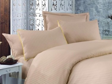 Çeyiz Diyarı - Striped Cotton Satin Duvet Cover Set Beige