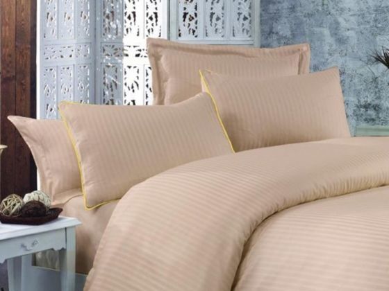 Striped Cotton Satin Duvet Cover Set Beige