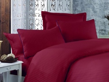 Çeyiz Diyarı - Striped Cotton Satin Duvet Cover Set Burgundy