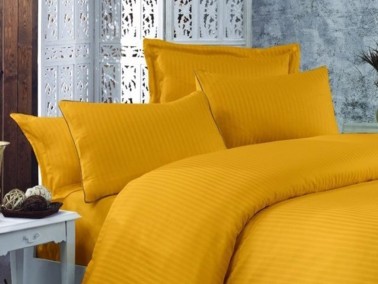 Çeyiz Diyarı - Striped Cotton Satin Duvet Cover Set Mustard