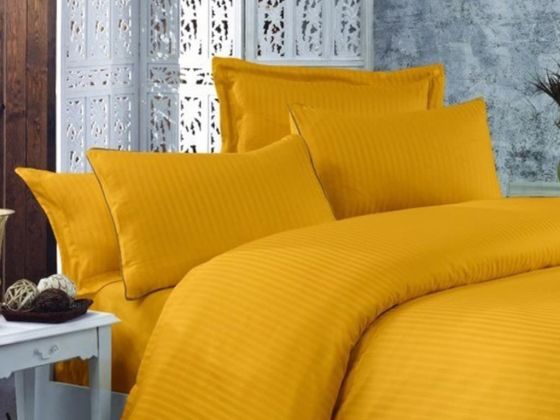 Striped Cotton Satin Duvet Cover Set Mustard