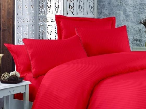 Striped Cotton Satin Duvet Cover Set Red 