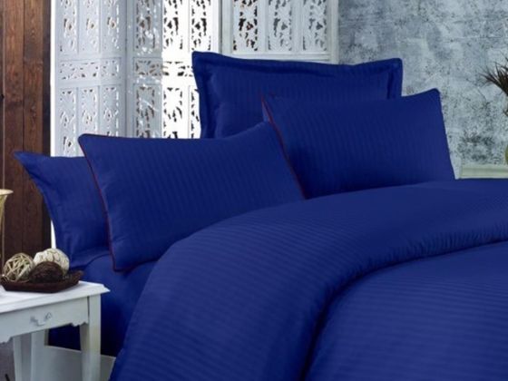 Striped Cotton Satin Duvet Cover Set Blue