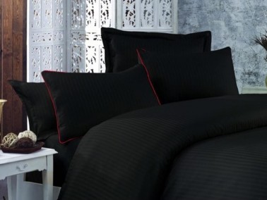 Çeyiz Diyarı - Striped Cotton Satin Duvet Cover Set Black