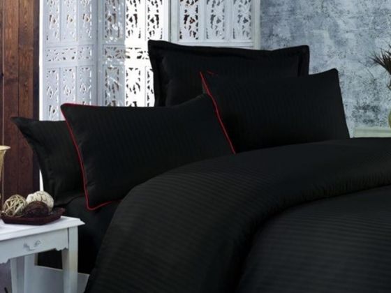 Striped Cotton Satin Duvet Cover Set Black