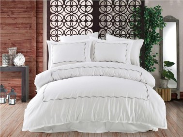 Water Embroidered Cotton Satin Double Duvet Cover Set Anthracite - Thumbnail