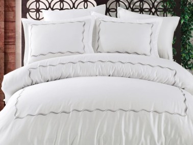 Water Embroidered Cotton Satin Double Duvet Cover Set Anthracite - Thumbnail