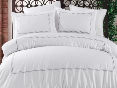 Water Embroidered Cotton Satin Double Duvet Cover Set Blue - Thumbnail