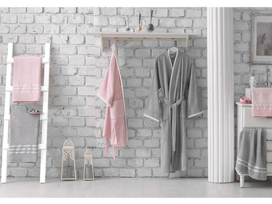 Hobby - طقم أرواب حمام من الخيزران وردي رمادي Sude 