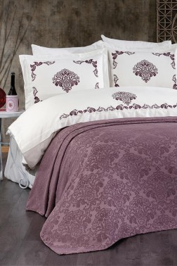 Suhan Chenille Bedspread Set 7 pcs, Bedspread 240x260, Duvet Cover 200x220, Sheet 240x260, Plum - Thumbnail