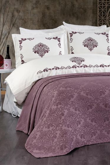 Suhan Chenille Bedspread Set 7 pcs, Bedspread 240x260, Duvet Cover 200x220, Sheet 240x260, Plum