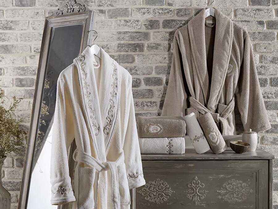  Sultan Luxury Embroidered Cotton Bathrobe Set Cream Beige - Thumbnail