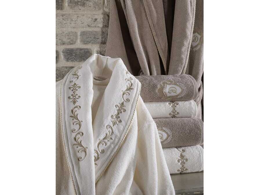  Sultan Luxury Embroidered Cotton Bathrobe Set Cream Beige - Thumbnail