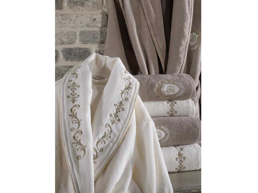  Sultan Luxury Embroidered Cotton Bathrobe Set Cream Beige