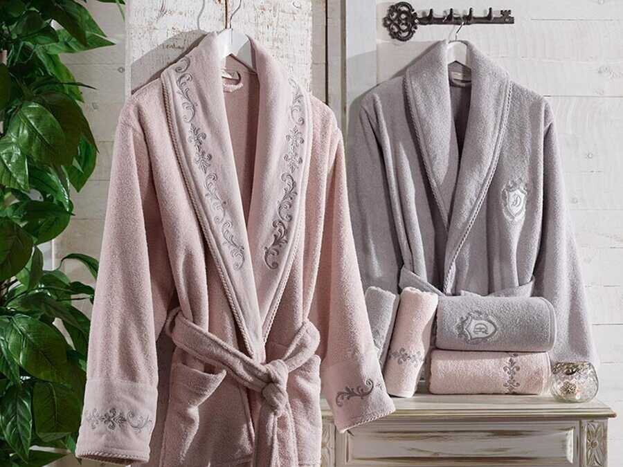  Sultan Luxury Embroidered Cotton Bathrobe Set Powder Gray - Thumbnail