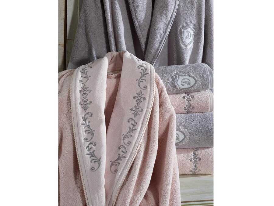  Sultan Luxury Embroidered Cotton Bathrobe Set Powder Gray - Thumbnail