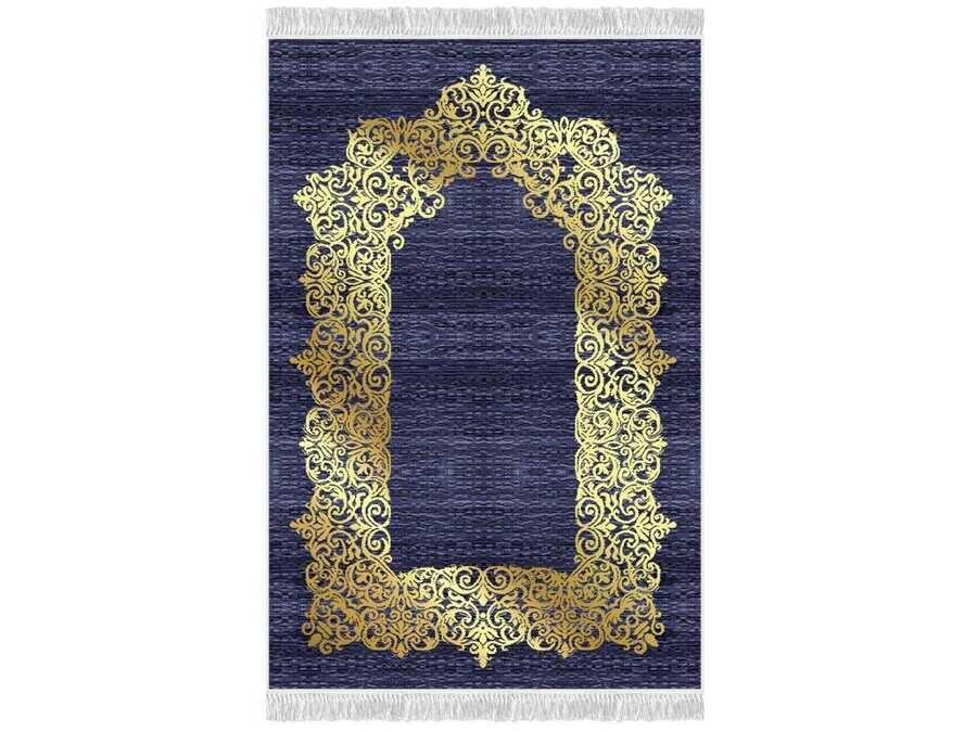 Sultani Velvet Prayer Rug Navy Blue - Thumbnail