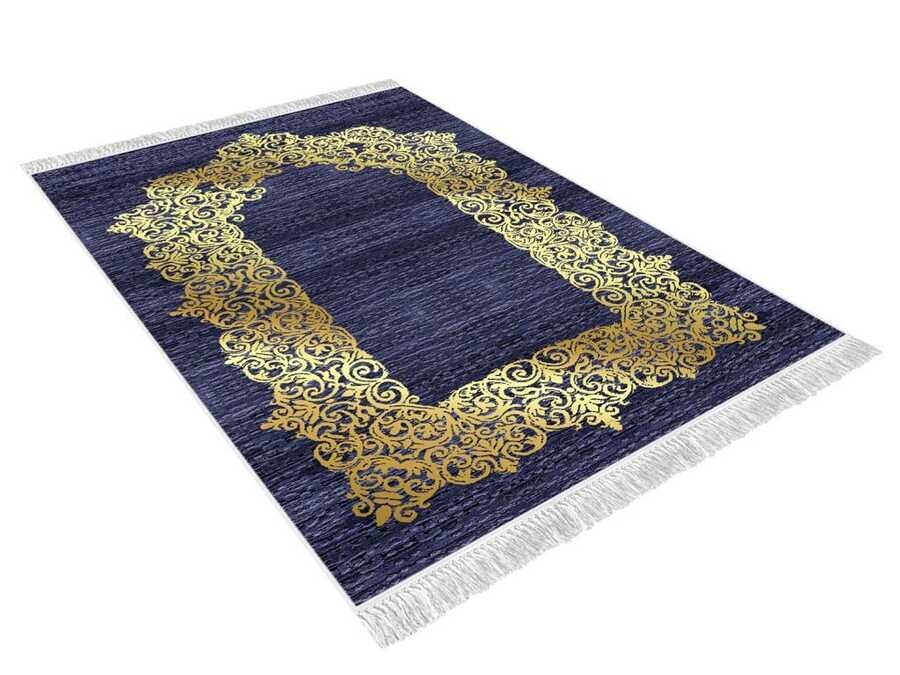 Sultani Velvet Prayer Rug Navy Blue - Thumbnail