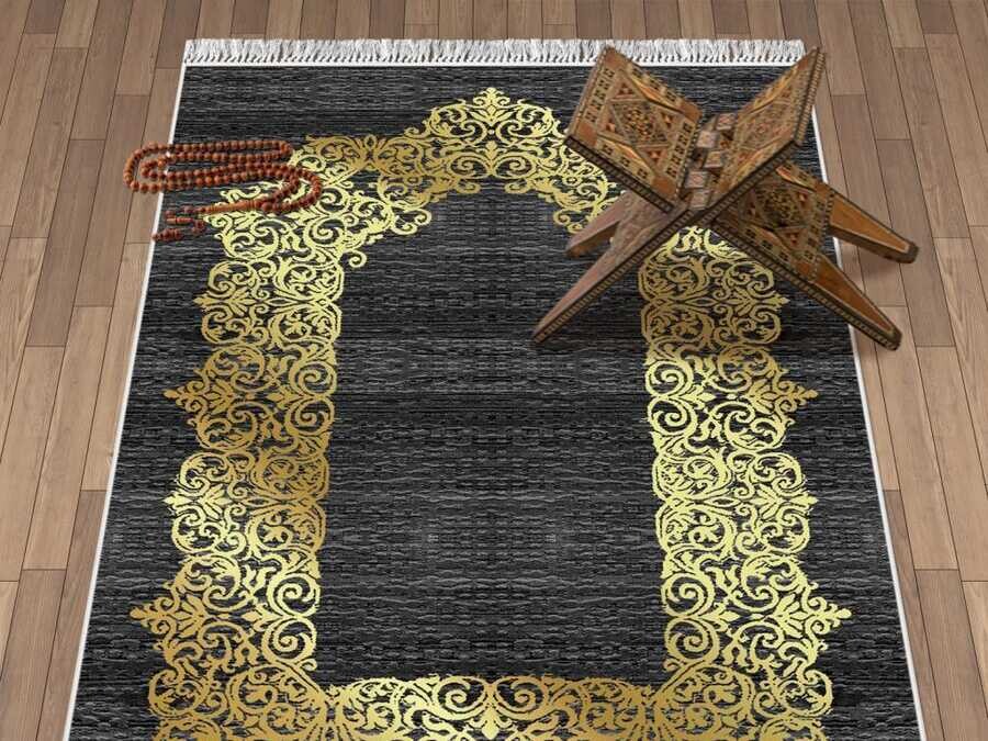 Sultani Velvet Prayer Rug Black - Thumbnail