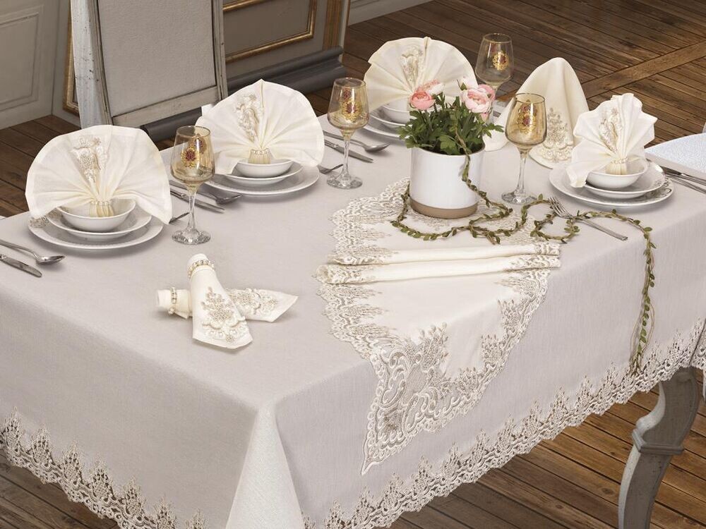 Hyacinth Tablecloth 160x260 Cm 26 Pieces Cream - Thumbnail