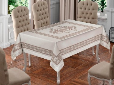 Çeyiz Diyarı - Suna Rectangle Printed Table Cloth Cream Brown Çeyiz Diyarı - Suna Rectangle Printed Table Cloth Cream Brown