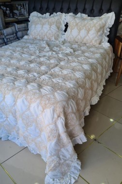 Sure Chenille Bedspread Set 4pcs, Coverlet 260x260 with Pillowcase, Jacquard Fabric, Full Size, Double Size Cream - Thumbnail