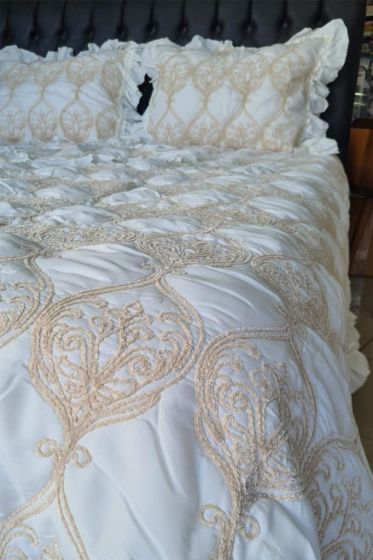 Sure Chenille Bedspread Set 4pcs, Coverlet 260x260 with Pillowcase, Jacquard Fabric, Full Size, Double Size Cream