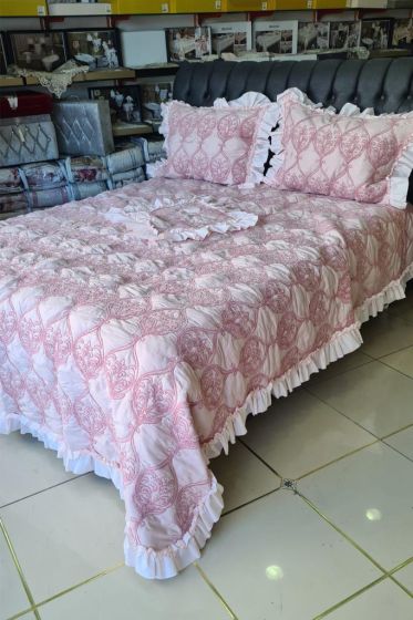 Sure Chenille Bedspread Set 4pcs, Coverlet 260x260 with Pillowcase, Jacquard Fabric, Full Size, Double Size Pink