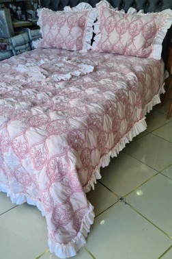 Sure Chenille Bedspread Set 4pcs, Coverlet 260x260 with Pillowcase, Jacquard Fabric, Full Size, Double Size Pink - Thumbnail