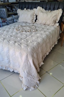 Sure Chenille Bedspread Set, Coverlet 260x260 with Pillowcase, Jacquard Fabric, Full Size, Double Size Beige - Thumbnail