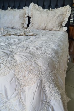 Sure Chenille Bedspread Set, Coverlet 260x260 with Pillowcase, Jacquard Fabric, Full Size, Double Size Beige - Thumbnail
