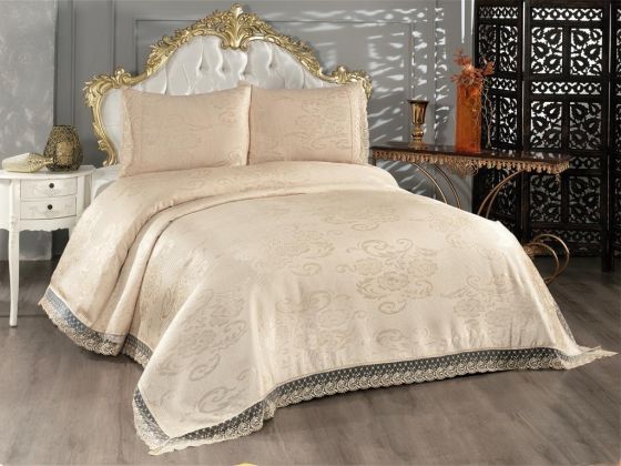 Suzan Bedding Set 3 pcs, Bedspread 250x250 cm, Lace, Double Size Beige