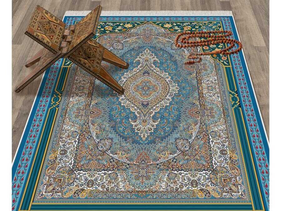 Taqwa Velvet Prayer Rug Blue - Thumbnail