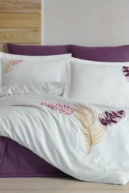 Talia Embroidered 100% Cotton Sateen, Duvet Cover Set, Duvet Cover 200x220, Sheet 240x260, Double Size, Full Size Cream - Thumbnail