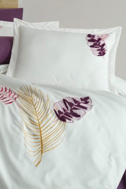 Talia Embroidered 100% Cotton Sateen, Duvet Cover Set, Duvet Cover 200x220, Sheet 240x260, Double Size, Full Size Cream - Thumbnail