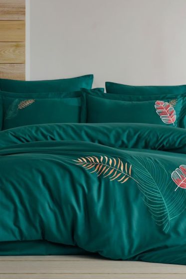 Talia Embroidered 100% Cotton Sateen, Duvet Cover Set, Duvet Cover 200x220, Sheet 240x260, Double Size, Full Size Green