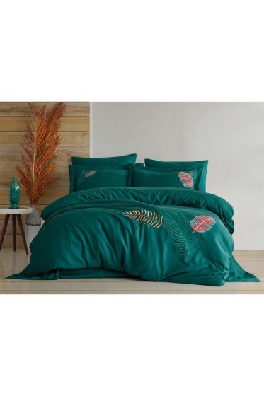Talia Embroidered 100% Cotton Sateen, Duvet Cover Set, Duvet Cover 200x220, Sheet 240x260, Double Size, Full Size Green