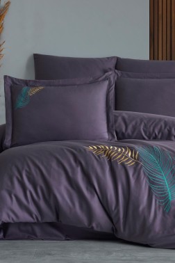 Talia Embroidered 100% Cotton Sateen, Duvet Cover Set, Duvet Cover 200x220, Sheet 240x260, Double Size, Full Size Purple - Thumbnail