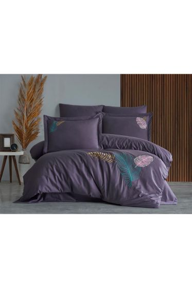 Talia Embroidered 100% Cotton Sateen, Duvet Cover Set, Duvet Cover 200x220, Sheet 240x260, Double Size, Full Size Purple