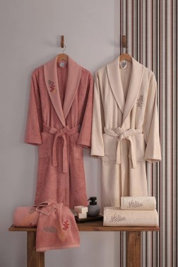 Çeyiz Diyarı - Talia Embroidered 6 Pcs Bamboo Bathrobe Set, Bathrobe, Hair Towel 50x90, Bath Towel 70x140 Orange Ecru Çeyiz Diyarı - Talia Embroidered 6 Pcs Bamboo Bathrobe Set, Bathrobe, Hair Towel 50x90, Bath Towel 70x140 Orange Ecru