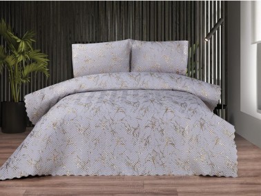 Tiana Double Size Bedspread Set, Coverlet 230x240 with Pillowcase Gray - Gold - Thumbnail