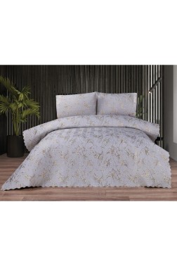 Tiana Double Size Bedspread Set, Coverlet 230x240 with Pillowcase Gray - Gold - Thumbnail