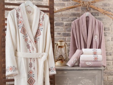 Tilbe Bamboo Bathrobe Set Cream Tile - Thumbnail