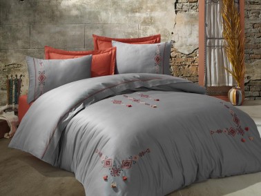 Tilbe Embroidered Tasseled Cotton Satin Duvet Cover Set Anthracite - Thumbnail