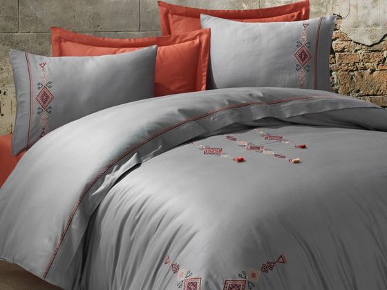 Tilbe Embroidered Tasseled Cotton Satin Duvet Cover Set Anthracite