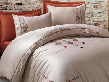 Tilbe Embroidered Tasseled Cotton Satin Duvet Cover Set Beige - Thumbnail