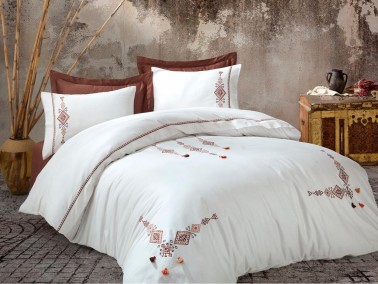 Tilbe Embroidered Tasseled Cotton Satin Duvet Cover Set Cream - Thumbnail